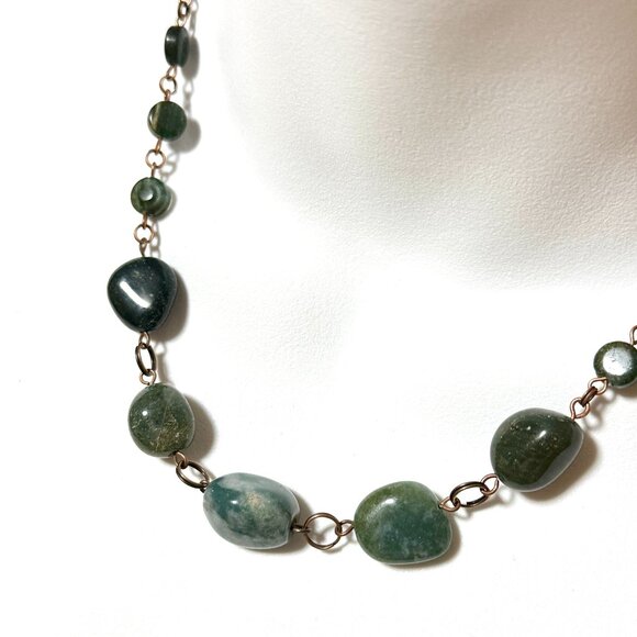 Dark Green Jasper & Agate Necklace, Genuine Rustic Tumbled Gemstone Copper Links - Picture 1 of 15